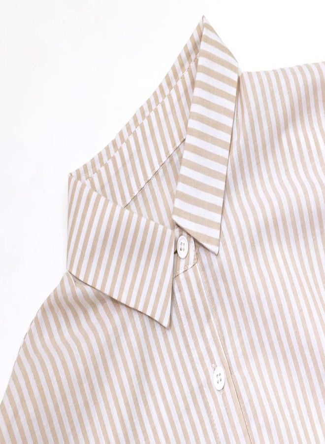 utcoco Womens Striped Long Sleeve Dress Casual Loose Button Down Cotton Maxi Shirt Dress (Large, Khaki) - Image 4